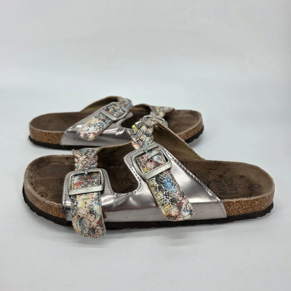 Muk Luks Slide Sandals Silver Multicolor Braided Metallic Cork Slip on Boho sz 9